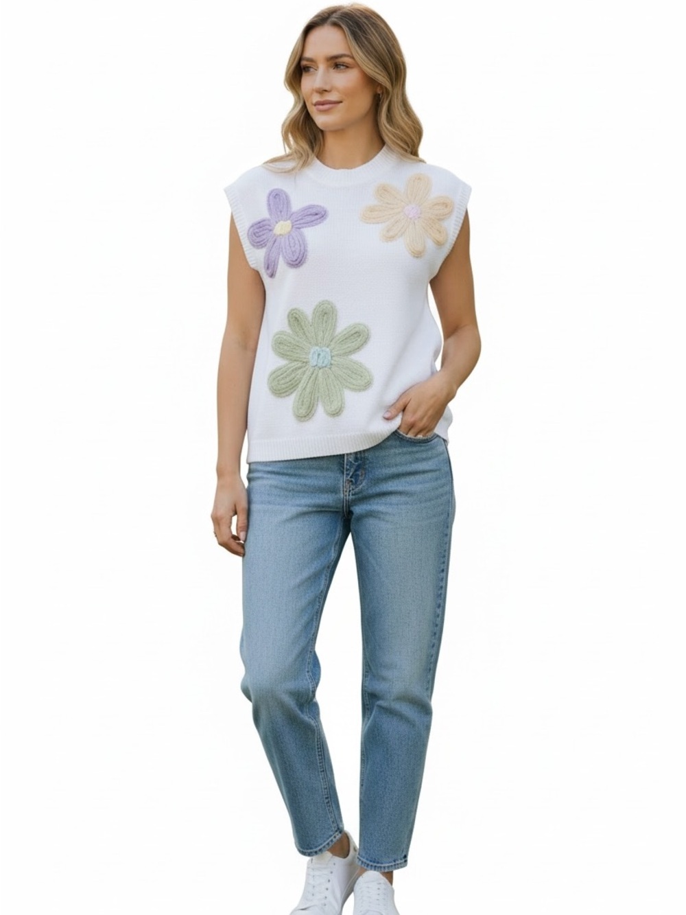 Sleeveless White Knit Top with Crochet Pastel Florals